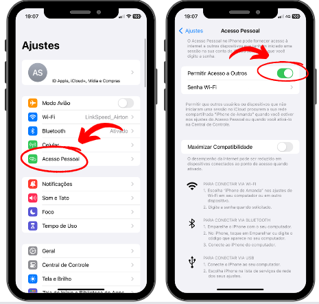 Print de como ativar conexão iPhone
