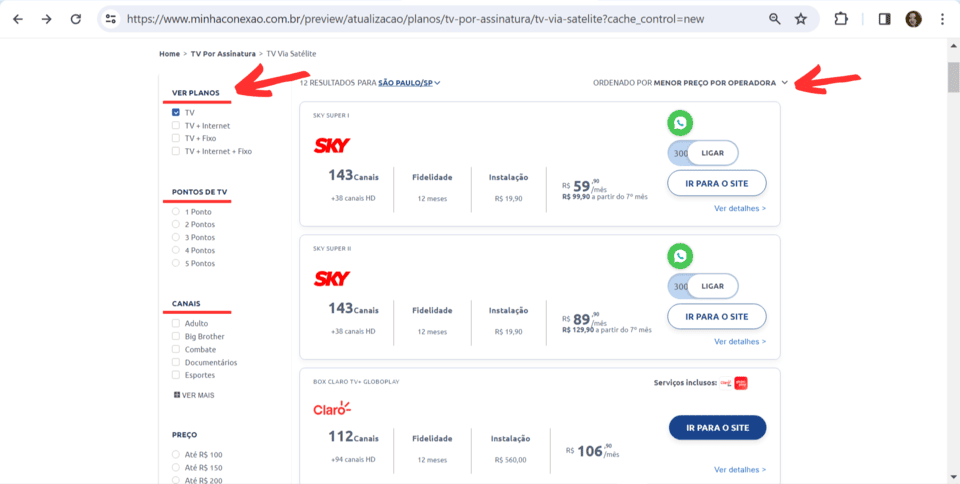 2. Os planos disponíveis no seu CEP vão aparecer no comparador. Nos filtros do lado esquerda, você pode selecionar preços, pontos, quantidade de canais, provedores e outros. No filtro direito, você pode escolher a ordem que quer ver esses planos