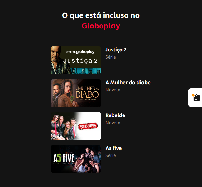 Print do site Globoplay com a ilustração da capa das séries rebelde e as five e das novelas Justiça 2 e A mulher do diabo