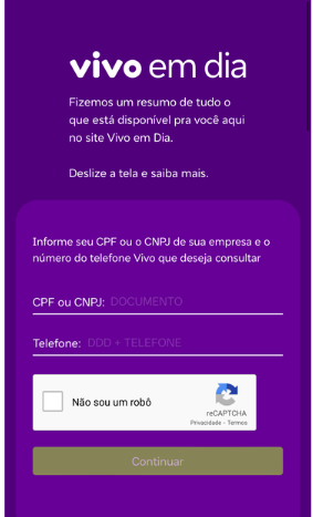 Print do site Vivo em Dia, seção de Login