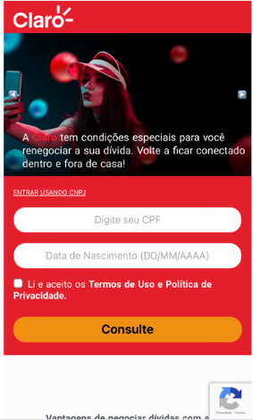Print do site Negocia Fácil da Claro, seção de login