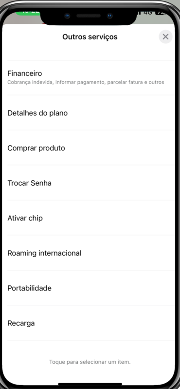 captura de tela do menu do WhatsApp Claro
