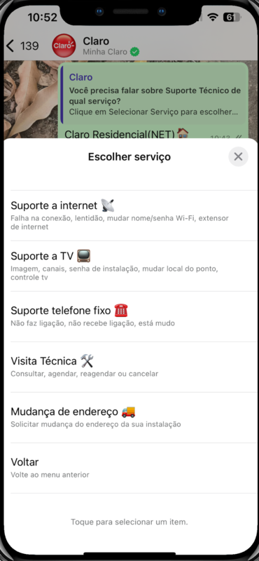 captura de tela do whatsapp da claro