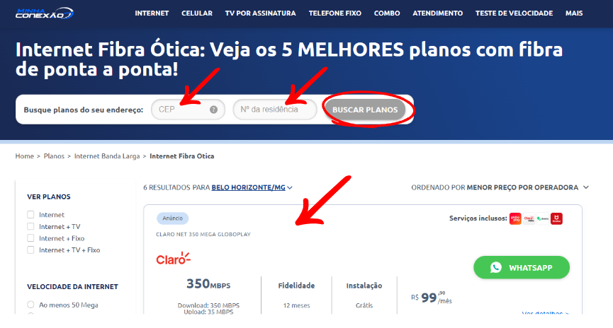 Print da página de internet fibra ótica