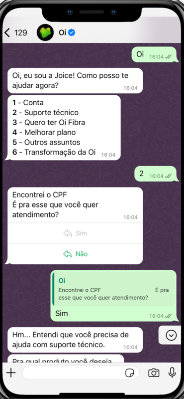 captura de tela do WhatsApp Oi com pedido de suporte - parte 1