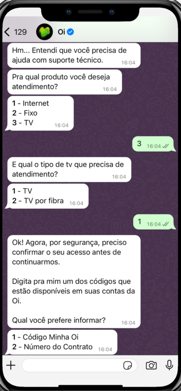 captura de tela do WhatsApp Oi com pedido de suporte - parte 2