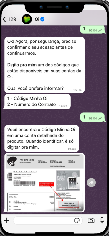 captura de tela do WhatsApp Oi com pedido de suporte - parte 3