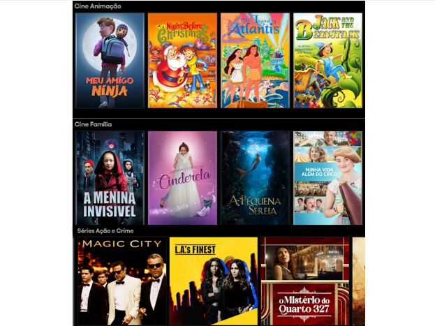Print do site da Pluto TV com capas de vários filmes e séries enfileirados que estão disponíveis na Pluto TV