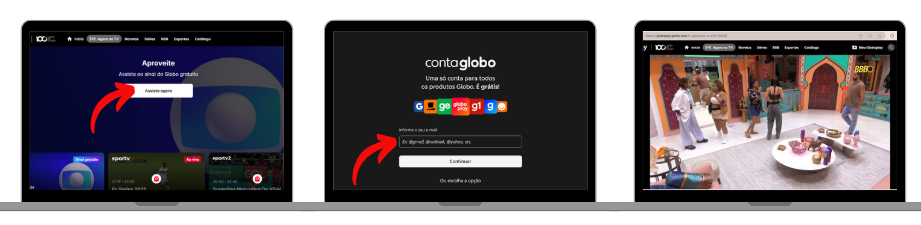 3 notebooks enfileirados com prints da tela do site Globoplay indicando como assistir BBB ao vivo pelo computador