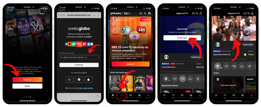5 celulares enfileirados com prints da tela do app Globoplay indicando como assistir BBB ao vivo pelo celular
