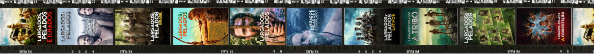 Imagem em formato de filme fotográfico com a capa de várias temporadas de Largados e Pelados 