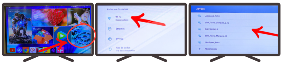 Passo a passo de como conectar internet na TV com a foto da tela de três TVs Smart enfileiradas lado a lado indicando onde clicar