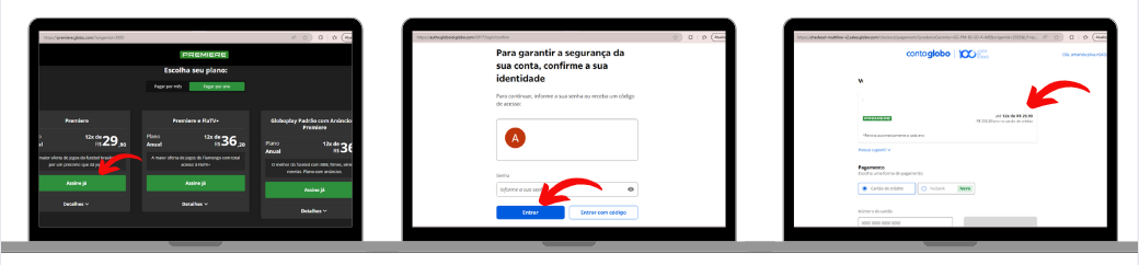 Três notebooks lado a lado com imagens do site premiere FC na tela indicando como assinar a plataforma