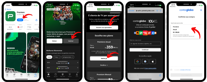 Cinco celulares lado a lado com imagens do site premiere FC na tela indicando como assinar a plataforma