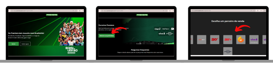 Três notebooks lado a lado com imagens do site oficial premiere fc indicando como contratar o premiere junto com outros planos de TV e ou internet