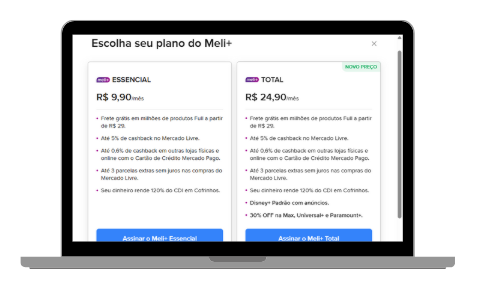 Imagem de um notebook exibindo os planos do Meli+. À esquerda, o plano Essencial custa R$ 9,90/mês e inclui frete grátis em produtos Full, cashback de até 5%, parcelamento extra e descontos em compras no Mercado Livre. À direita, o plano Total custa R$ 24,90/mês e oferece os mesmos benefícios, além de acesso ao Disney+ com anúncios e 30% de desconto no Star+, Max, Universal+ e Paramount+.
