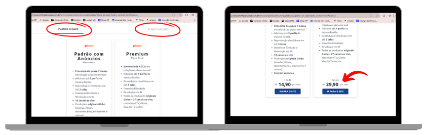 Duas telas de notebook exibem os planos anuais do Globoplay. Na primeira tela (&agrave; esquerda), est&atilde;o destacados os bot&otilde;es &ldquo;Planos anuais&rdquo; e &ldquo;Planos mensais&rdquo;, com as op&ccedil;&otilde;es &ldquo;Padr&atilde;o com An&uacute;ncios&rdquo; e &ldquo;Premium&rdquo;. Na segunda tela (&agrave; direita), h&aacute; uma seta indicando os valores dos planos: R$ 14,90/m&ecirc;s para o plano com an&uacute;ncios e R$ 29,90/m&ecirc;s para o plano premium.