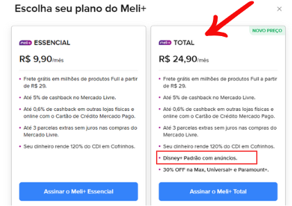Print dos dois planos Meli+ com destaque em vermelho para a frase 