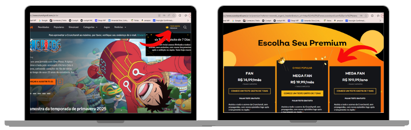 Tela inicial do site da Crunchyroll com destaque para o botão de teste grátis de 7 dias e a página de seleção de planos Premium, mostrando as opções Fan, Mega Fan e Mega Fan anual.
