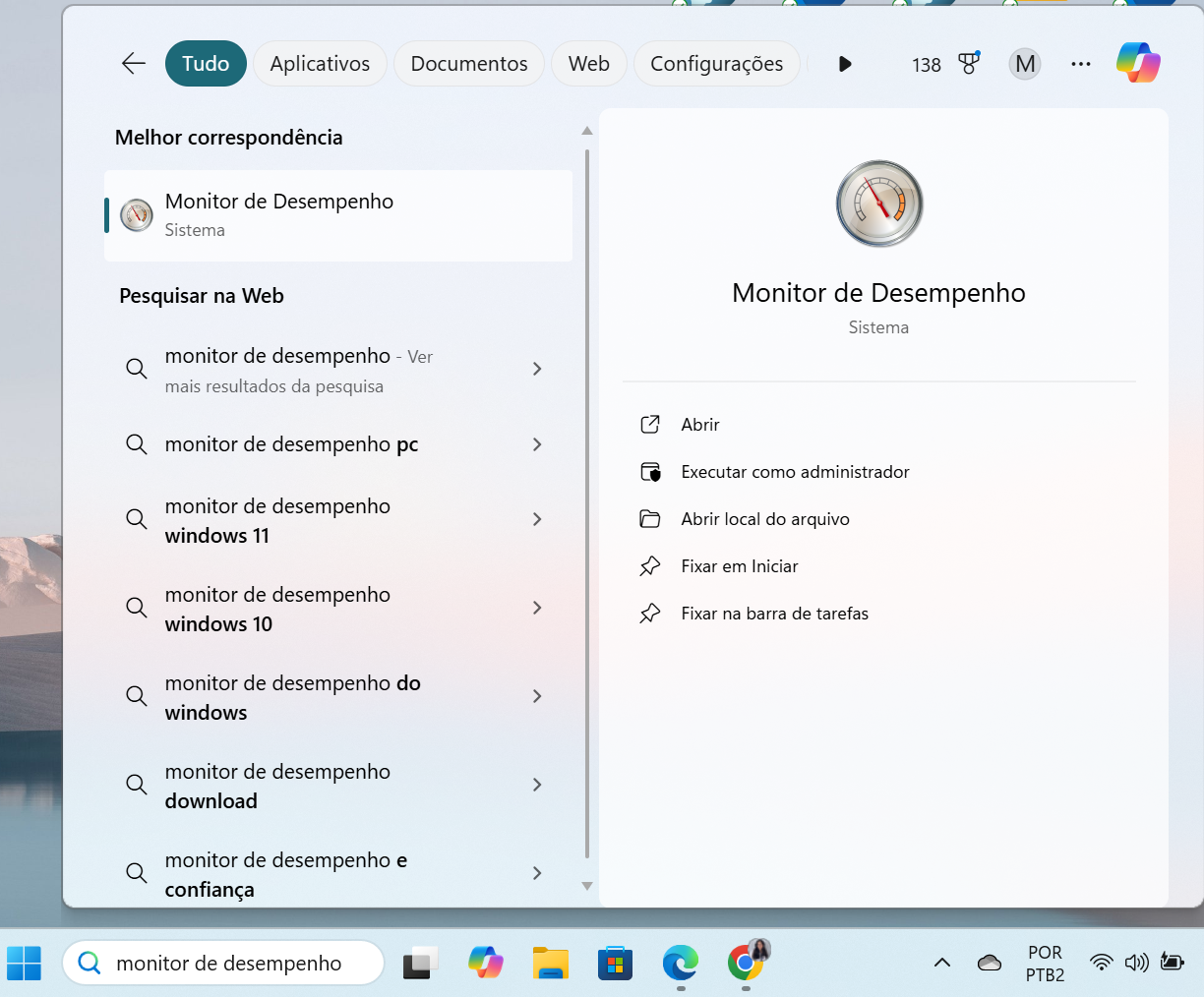 Print da tela do computador mostrando o passo a passo para acessar o monitor de desempenho do Windows 10