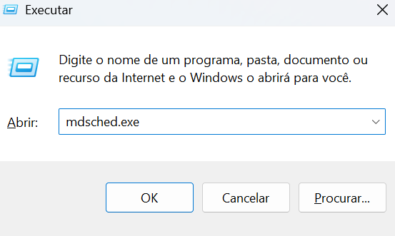 Print da tela do computador para diagnóstico de memória: Pressione Windows + R para abrir o “executar”; Digite “mdsched.exe”;